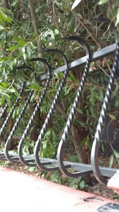 Close-up of twisted iron fence bars with crook details