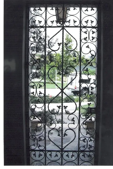 Full-length iron security door with leaf scrollwork over glass