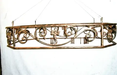Hand-forged scrollwork hanging pot rack in a bronze finish