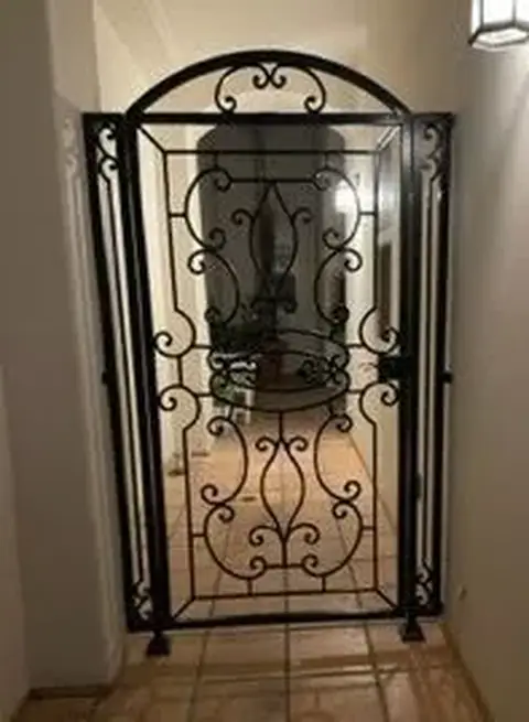 Interior iron gate with scrollwork panels and an arched top